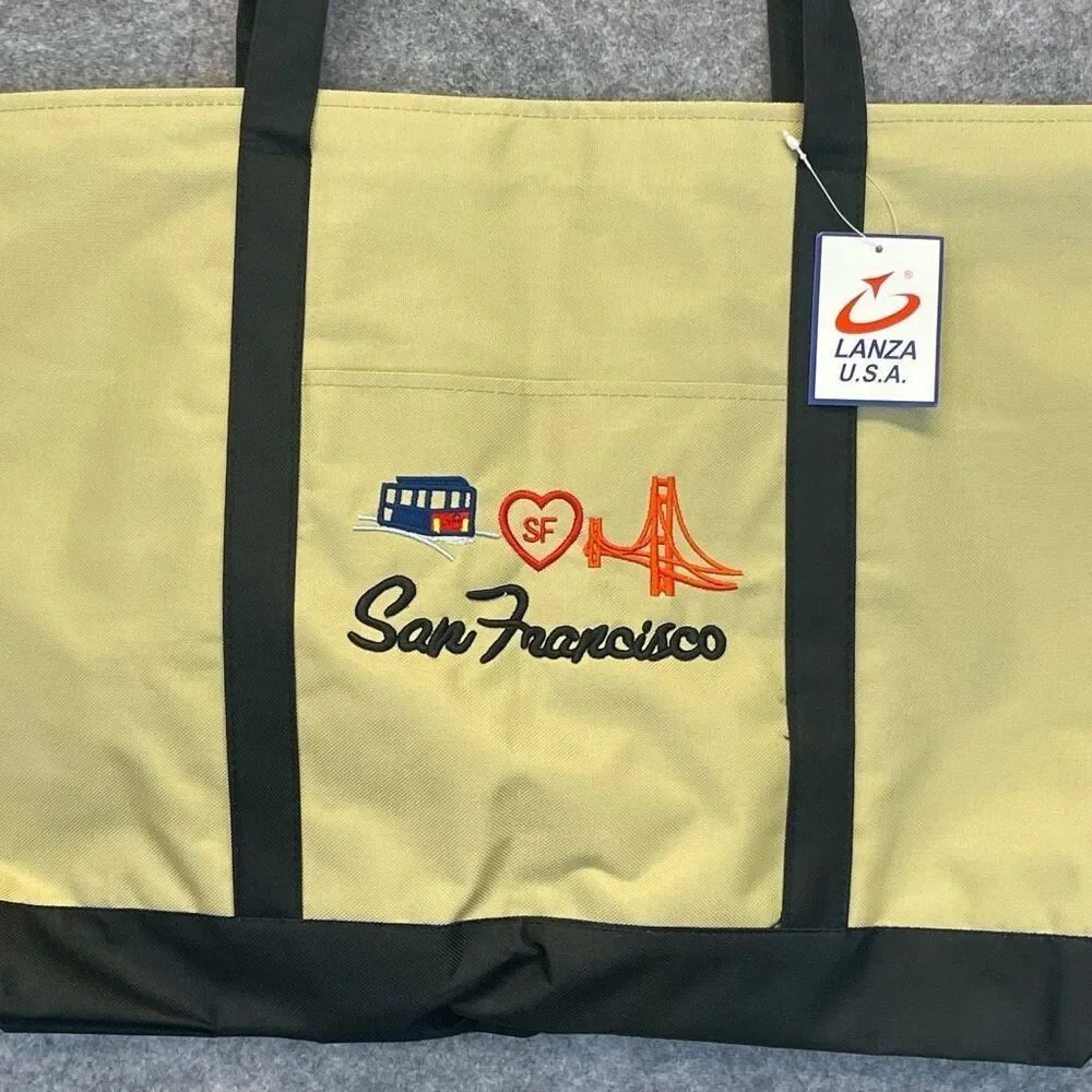 NWT San Francisco Skyline Tote Bag Unisex Large‎ Cream Black Embroidered Lanza
